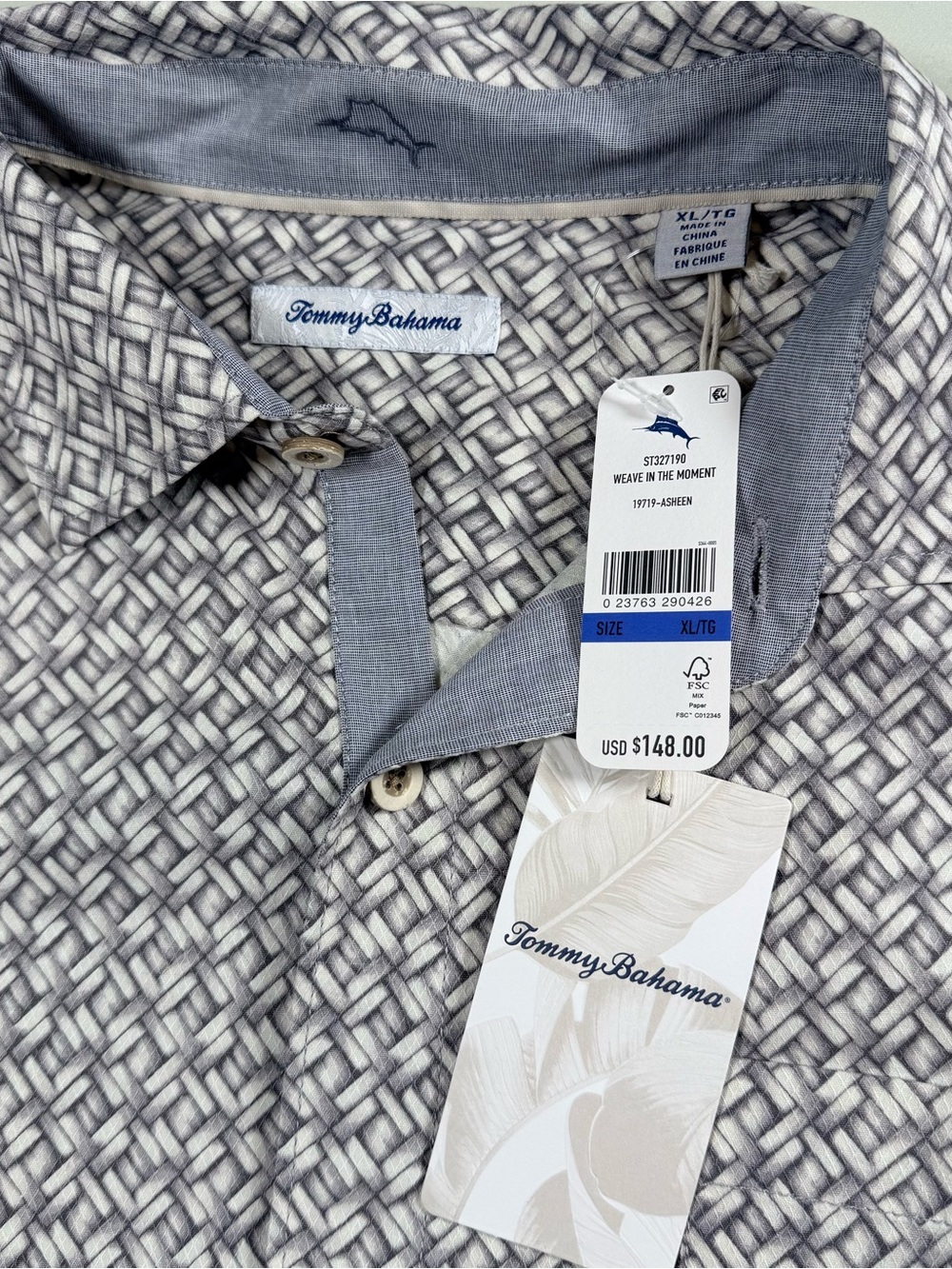 Tommy Bahama White and Gray 100% Silk Casual Button Down Short Sleeve Shirt XL - Picture 5 of 9